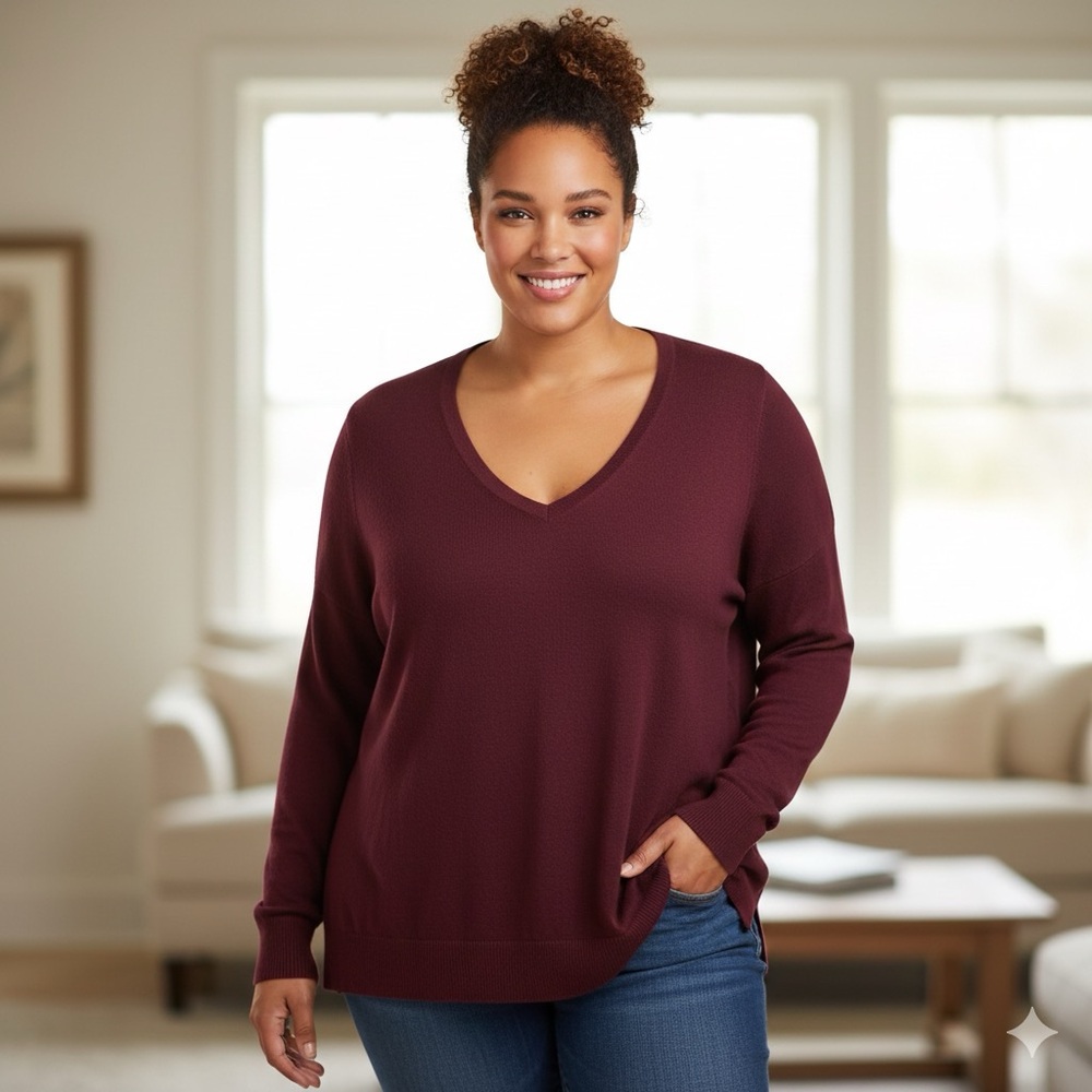 Lucky Brand Burgundy V-Neck Long Sleeve Knit Top